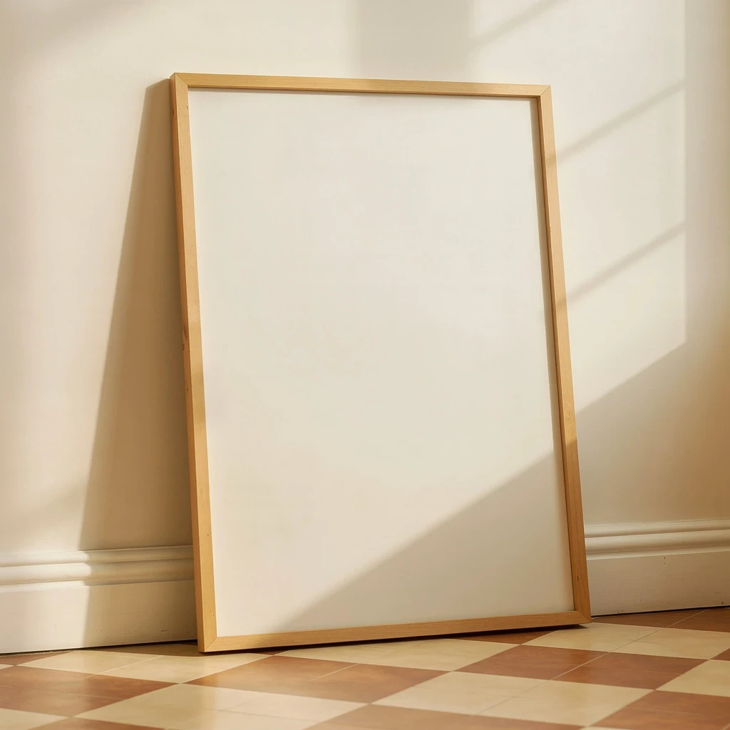 Mockup: wooden frame on the floor in a warm interior